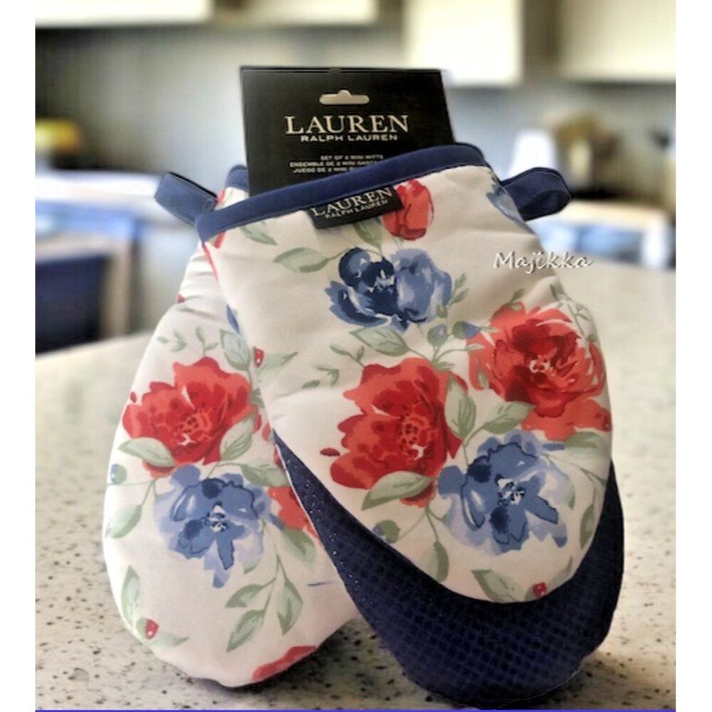 Ralph Lauren Mini Oven Mitts Set of 2 Floral Red White Blue Neoprene Grip Cotton
